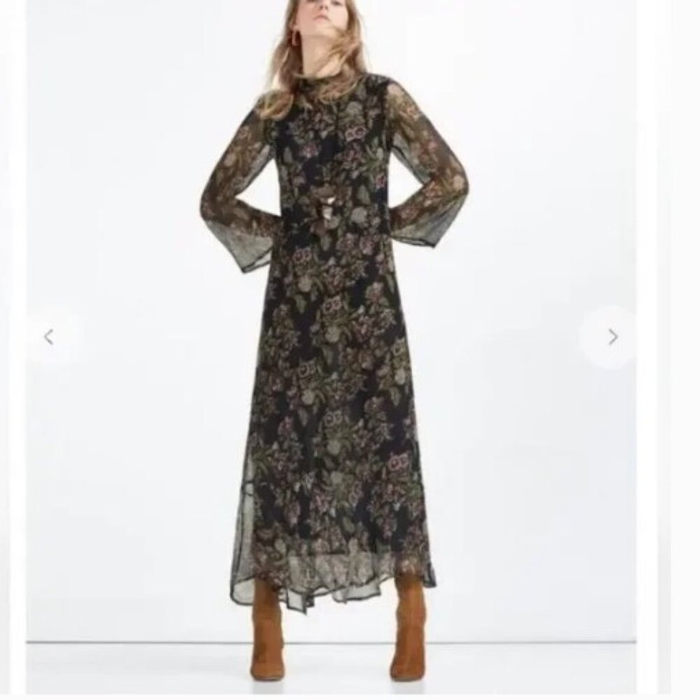 Zara Dark Floral Chiffon Long Dress, S